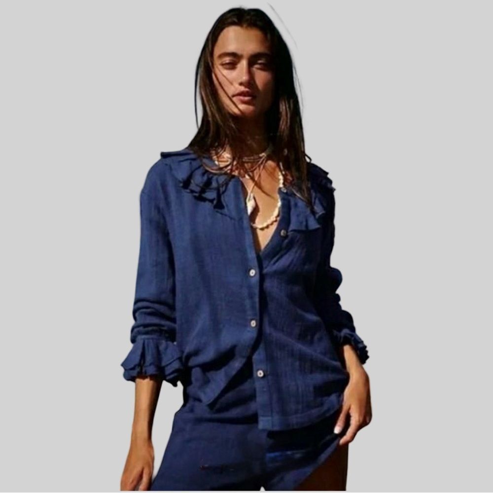 Free People Free-est Summer Vibes Ruffle Neck Button-Down Top in Navy Peony | XS
